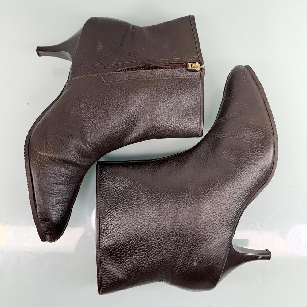 Vintage 1960s Brown Leather Ankle Boots Kitten Heel Talon Zipper  10B Quiet Lux - Picture 7 of 9